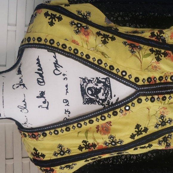 Free People yellow and black v-neck peplum wide cuff sleeves embroidery shirt XS - Picture 2 of 7